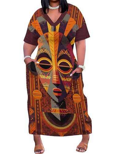 Image of Plus Size Maxi Dress for Women Short Sleeve V Neck Casual Loose Sundress with Pockets