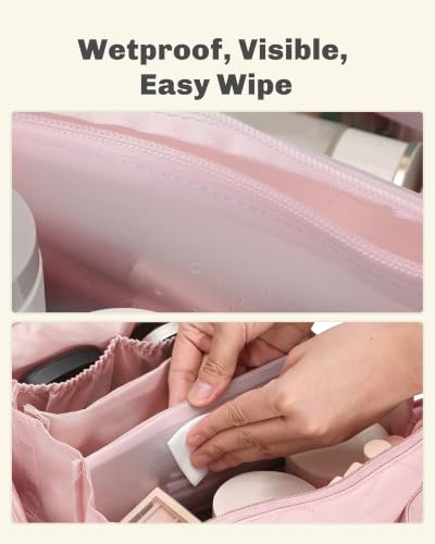 Image of Hynes Eagle Travel Makeup Bag for Women Puffy Cosmetic Organizer Pouch Open Flat Toiletry Bag for Toiletries Brushes Structured Base Light Pink