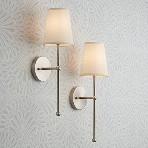 Possini Euro Design Elena Modern Wall Light Sconces Set of 2 Brushed Nickel Silver Metal Hardwired 6 Fixture Cream Linen Drum Shade for Bedroom Living Room Hallway Dining Kitchen