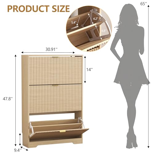Image of HUANLEGO Shoe Cabinet Storage for Entryway with 3 Flip Drawers, Oak Fluted Shoe Cabinet with Adjustable Shelves, Wooden Hidden Shoe Rack Freestanding Narrow Slim Shoes Storage for Hallway, Entrance