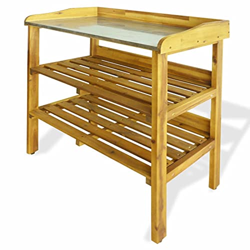 Rantry Potting Bench with 2 Shelves Solid Acacia Wood and Zinc Potting Benches