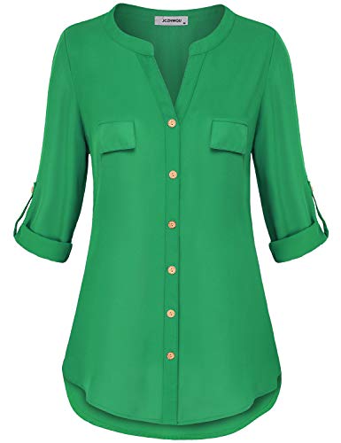 Jczhwqu V Neck Blouses For Women, 3 4 Roll Tab Sleeve Button Down Shirts Beauty A Lines Simply Solid Color Elegant Office Attire Retro Tunic Tops Soft Lightweight Chiffon St Patricks Days Green M #TOP24