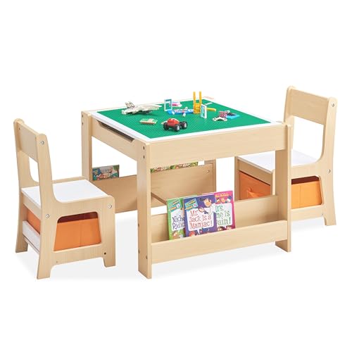 GABHX Kids Table and Chair Set, 4 in 1 Wooden Activity Table with Bookshelves and Storage Drawer, 2...