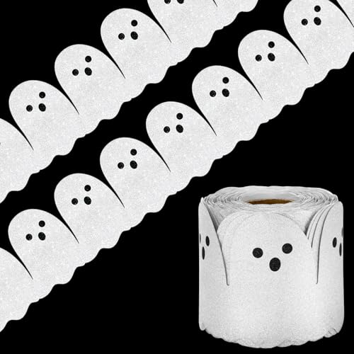Image of Whaline 65.6Ft Halloween Bulletin Board Border Glitter White Ghost Die Cut Trim Border Roll for Spooky Chalkboard Wall Decor
