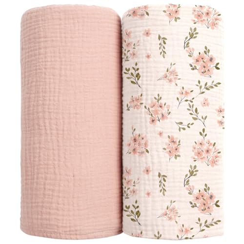 Image of lulumoon Muslin Swaddle Blankets for Baby: 100% Cotton Receiving Blankets | Breathable Wrap for Newborn Swaddling - Nursery Gift for Baby Girls (Pink Apple Flower)