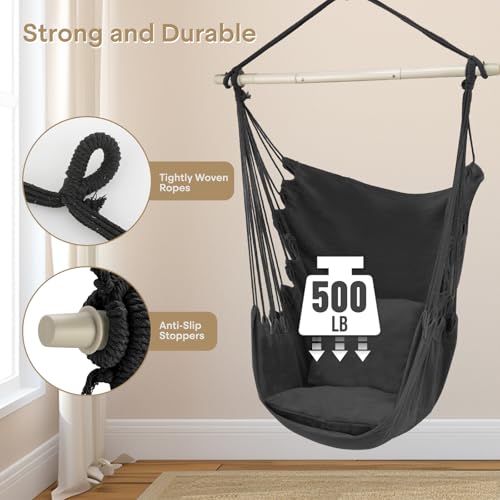 Athena Collection Hammock Chair Hanging Rope Swing Chair with 2 Cushions, Max 350 Lbs, Hanging Macrame Chair with Anti-Slip Grooves Spreader Bar and Pocket for Outdoor Indoor Patio Yard, Black
