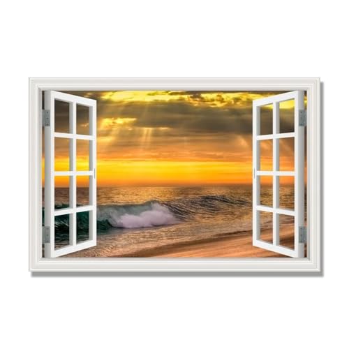Tableau sur Toile Fenetre Bord de Mer 70x105 cm | NHLDZYH Déco Paysage Nature