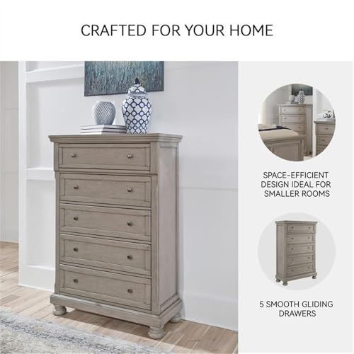 Image of Signature Design by Ashley Lettner Chest of Drawers, Tall Dresser, 5 Drawer Clothing Storage for Master Bedrooms, Veneers, Wood and Engineered Wood, Light Gray, 40 inchW x 18 inchD x 58 inchH