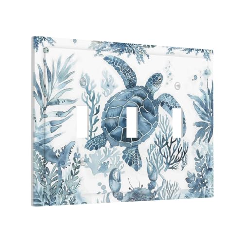 Blue Sea Turtle Coastal Coral Beach Crab Seaweed Decorative Switch Plates 3 Gang Wall Plate Triple Toggle Light Switch Cover Faceplate Electrical Wall Panels for Kids Room Bathroom Decor by Ialnuyisek - Used condition - Image 2