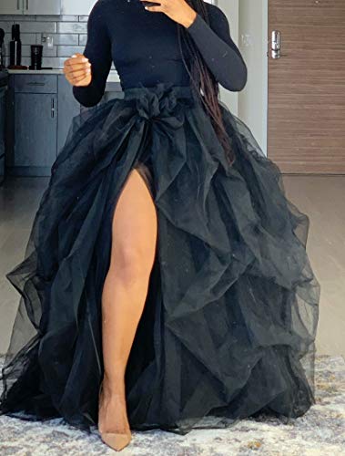 Women Hi Slit Tutu Maxi Dress Tulle Ruffle Mesh Lace Long Skirt Floor Length Layered Evening Dress Wedding Night Party Skirt (Black, One Size) #TOP1