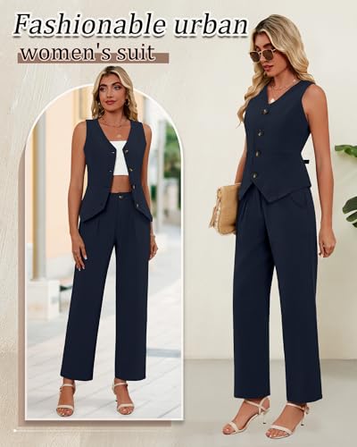 Ficerd Women's 2 Piece Outfits, Sleeveless Cotton Suit Vest and Wide Leg Pant Summer Business Casual Button V Neck Blazer Set3