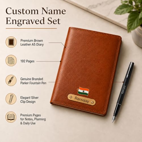 Image of SAVRI Personalized Gifts Customized Brown Diary with Name & Parker Fountain Pen Gift Set| Premium Office Diary & Silver Clip Fountain Pen Set| Corporate Gift for Employees, Clients, Managers