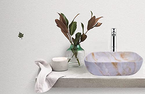 Image of REMOTION Designer Glossy Finish Table Top Ceramic Wash Basin Vessel Sink with Slim Rim |Collapsible Wash Basin | Vessel Sinks For Bathrooms (White-Cream Strip Wash Basin, 18 x 13 x 5.5 Inch)