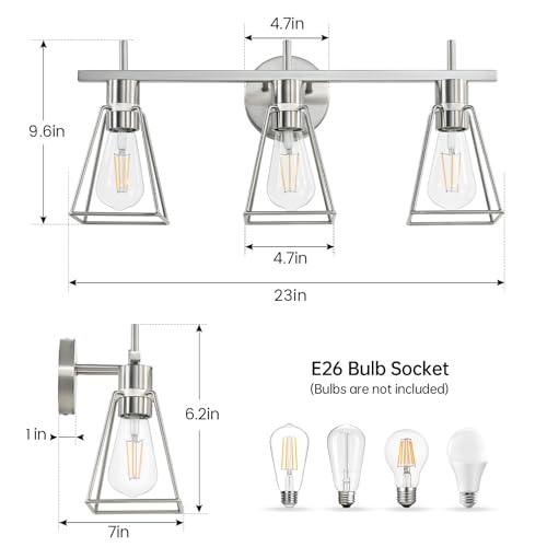 Image of Industrial Bathroom Vanity Lights: 3-Lights Silver Brushed Nickel Vintage Metal Cage Wall Lamp - Rustic Farmhouse Light Fixture Over Mirrors Cabinet for Bath Hallway