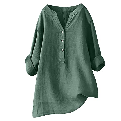 Lastesso Camisas de lino para mujer, corte clásico, cuello en V, con botones, blusas de verano, holgadas, mangas enrollables, ligeras, Green1 #6, XL