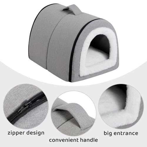 Hollypet Katzenbett Kleiner Hundebett, Haustierbett aus Leinen 2-in-1 Faltbares Katzenhöhle, Warmes Höhlennest für Katzen & Kleine Hunde, Grau