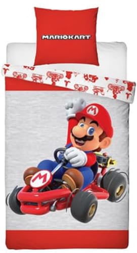 Parure de Lit Mario Kart, Lit 1 Place, Housse de Couette Réversible 140x200 cm avec Taie d'oreiller 63x63 cm