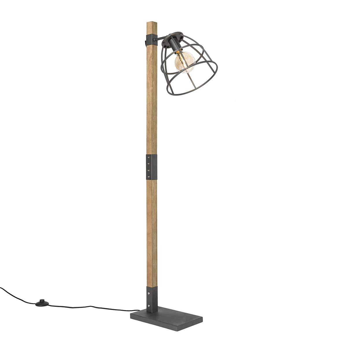 Qazqa Lámpara de pie industrial gris oscuro con madera - Arthur/Acero Alargada Adecuado para LED Max. 1 x 60 Watt