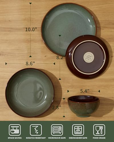 Image of 32 Piece Double Bowl Dinnerware Sets with Pasta Bowls, Highly Chip and Crack Resistant Plates and Bowls Sets, Natural Earthyware Ceramic Dishware Sets, Service for 8 Sage Green