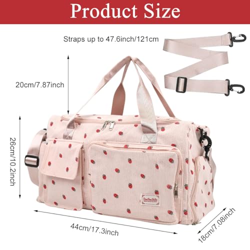 Image of PALAY Women Duffle Bag Gym Bag with Shoe Compartment Cute Pink Strawberry Prints Corduroy Travel Bag with Removable Shoulder Strap Multi-pocket Duffle Bag for Travel, Gym Session, Camping, 48x24x27cm