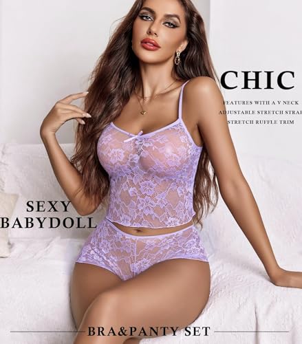 Image of GirlFriend Lace Bra and Panty Set V Neck Babydoll Lingerie 2 Piece Mesh Bralette Set for Wife, Women Wedding Valentine Special Night Occasion Festival