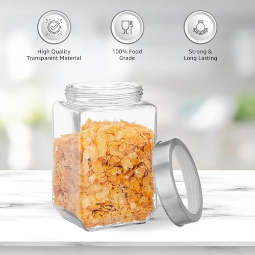 Image of CROCO JAR Square Glass Storage Containers 2250ml | Transparent Airtight Kitchen Jars with Steel Lid | Cubical Glass Jars for Pantry, Snacks, Dry Fruits, Masala, Pickle & Coffee Beans | Pack of 4