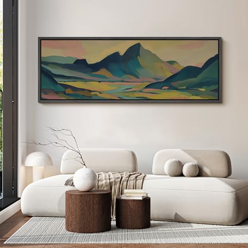 Image of MUDECOR Large Framed Canvas Print Wall Art Colorful Abstract Mountain Landscape Modern Antique Retro Ready to Hang Painting for Living Room Bedroom Multi-Sizes - 60 inchx20 inch