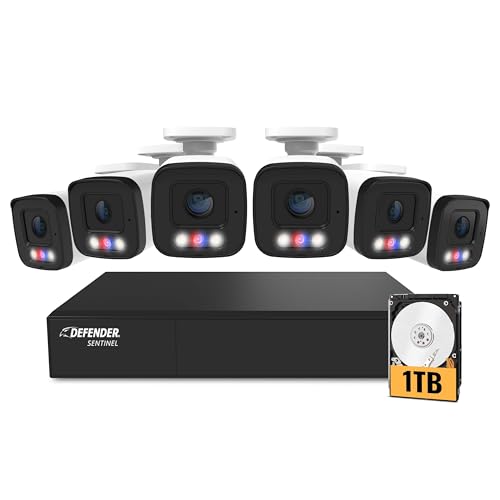 Defender AI Powered Sentinel 4k Poe Security Camera System - NVR Metal Outdoor Surveillance Cameras with 8 Channels, Smart AI Human Detection, Blue/Red Lights, and Mobile App (6 Cameras 1TB)