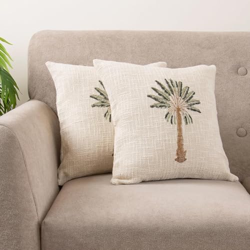 Image of 100% Cotton Jute Palm Tree Sofa Throw 127x178 cm with 2pcs Cushion Cover 40x40 cm - Beige (1 Sofa Throw with 2 Cushion Covers)