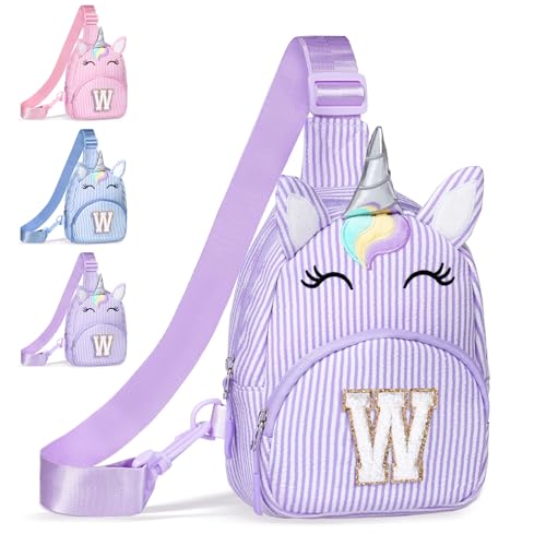 Image of COSHAYSOO Purple Girl Purse Unicorn Crossbody Sling Bag Small, Cute Easter Day Gifts for 3 4 5 6 7 8 9 10 Year Old Girls Easter Basket Stuffers Birthday Party Favor Girly Stuff Initial Letter W