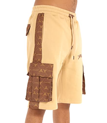 SCREENSHOT-SP11305 Mens Urban Hip Hop Premium Streetwear Fleece Shorts - Street Pattern Side Stripe Multi-Color Pocket Utility Varsity Fashion SweatShorts-Khaki-Large