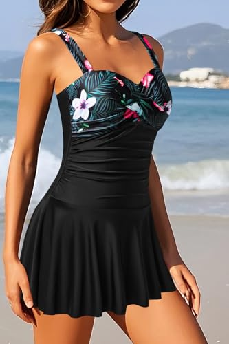 Image of Aqua Eve One Piece Swim Dress Tummy Control Swimsuit with Skirt Modest Bathing Suit Vintage Swimdress
