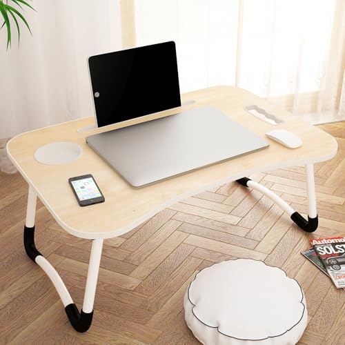 Image of Laptop Table with Dock Stand Wood Smart Standard Multi-Purpose Solid /Study Table /Bed Table /Foldable and Portable /Ergonomic & Rounded Edges /Non-Slip Legs /Engineered (White Maple)