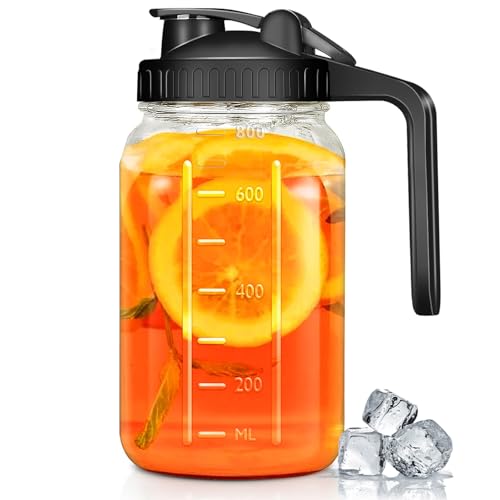 Image of irjeen Glass Pitchers with Handle and Lid, 32oz Breast Milk Pitcher, Wide Mouth Mason Jar Pitcher, Leak Proof Drink Pitcher Water Pitcher, for Breastmilk, Water, Juice, Milk, Tea, Iced Coffee, 1 Pack