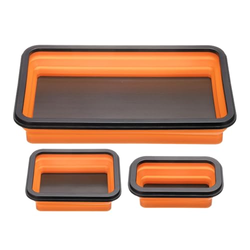 sourcing map 3pcs Collapsible Magnetic Parts Tray Set 3 Different Size Foldable Small Metal Parts Tool Tray Rectangle Silicone Bowls for Fixing Screw Bolts Nuts Washers Pins, Orange