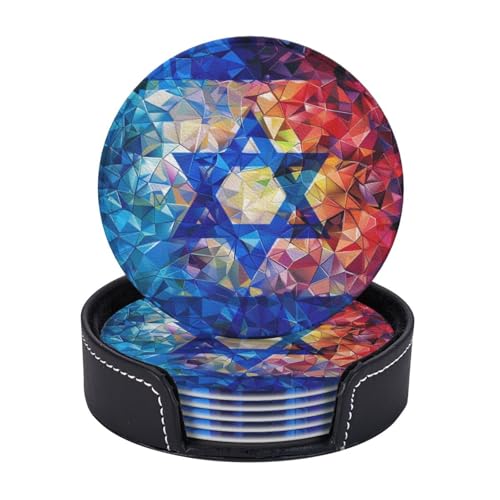 Ensemble de 6 sous-Verres en Cuir Premium, Motif Drapeau d'Israël Abstrait, avec Support. Élégants sous-Verres pour la Cuisine ou Le Bar à café.