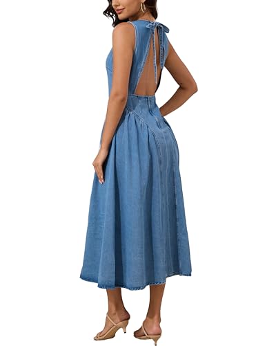 Women's Sleeveless Backless Denim Maxi Dress Casual A Line Cut Out Long Flowy Jean Tank Dress