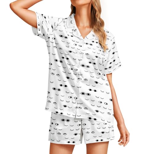 Image of Funny Pajamas for Women Set Print Satin Loungewear Pjs Short Sleeve Button Down Top and Shorts Sets Sleepwear XS-3XL