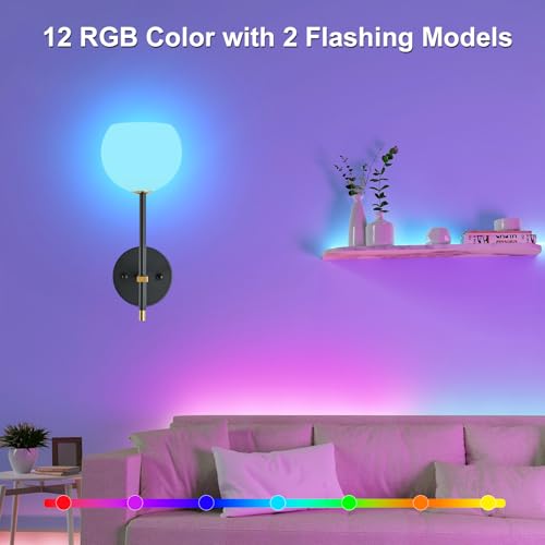 Image of Black Gold Battery Operated Wall Sconces Set of 2, Rechargeable Wireless Wall Lights with Milky White Frosted Glass, 12 RGB and 3CCT Dimmable, Wall Lamps with Remote for Bedroom Living Room Hallway