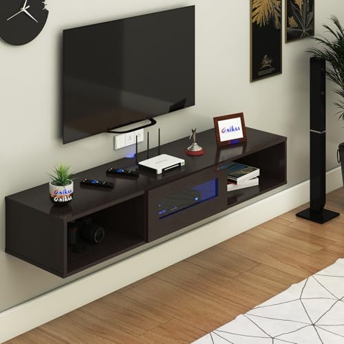 Image of Anikaa Novus Wall Mount Modern Floating TV Unit for Living Room with Open Shelf Storage Cabinet & Middle Cabinet Blue LED Light (Ideal for 32 to 55 inch TV, DIY Installation, Wenge Finish)