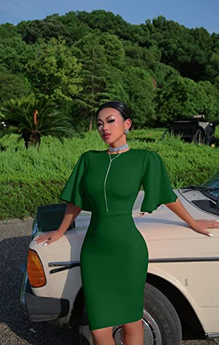 Image of Memoriesea Women's Basic Bodycon Ruffle Flared Short Sleeve Pencil Midi Dress