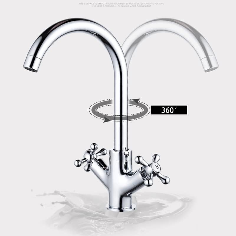 for Bar Farmhouse Commercial, Double Handle Faucets, Kitchen Sink Rotatable Spout Faucet, Hot Cold Water Mixer Rotatble Style Brass Tap