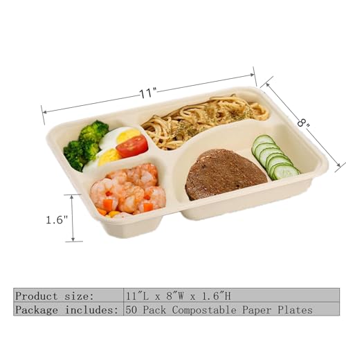 HningBuyox 50 Pack Compostable Paper Plates, Heavy Duty Sugarcane Fiber Compartment Plate, Microwave Safe Divided Tray for Adults, for Meal Prep, Buffets, Dips, Picnic, School,Party, Freezer Safe