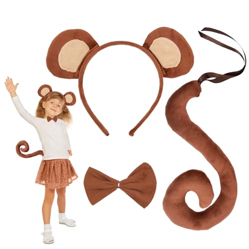 EUPSIIU 3 Piezas Disfraz de Mono, Animales Orejas de Mono Diadema Disfraz de Largo Cola Mono Collar, Disfraz de Animal para Niños Carnaval Halloween Cosplay de Animales Fiesta Cumpleaños (Mono)