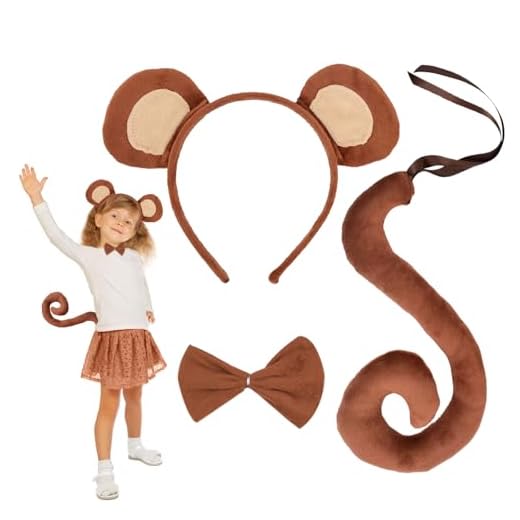 EUPSIIU 3 Piezas Disfraz de Mono, Animales Orejas de Mono Diadema Disfraz de Largo Cola Mono Collar, Disfraz de Animal para Niños Carnaval Halloween Cosplay de Animales Fiesta Cumpleaños (Mono)
