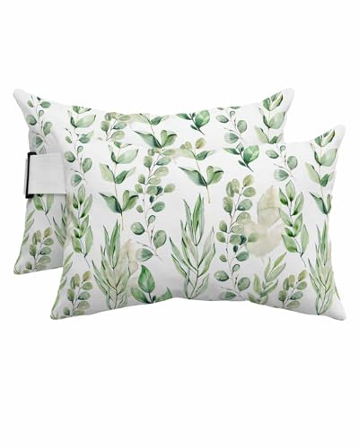 Anzona Pack of 4 Eucalyptus Leaves Lumbar Pillow Covers, Outdoor Waterproof Throw Pillow Covers Set, Watercolor Green Botanical Decorative Cushion Case for Patio Beach, 11x16 Inch
