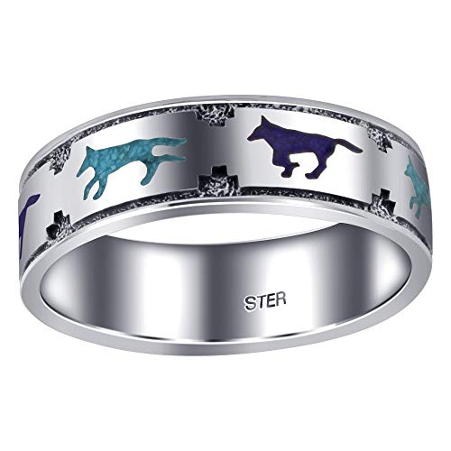 Southwestern Style Turquoise & Lapis Wolf 925 Silver 7mm Band 62