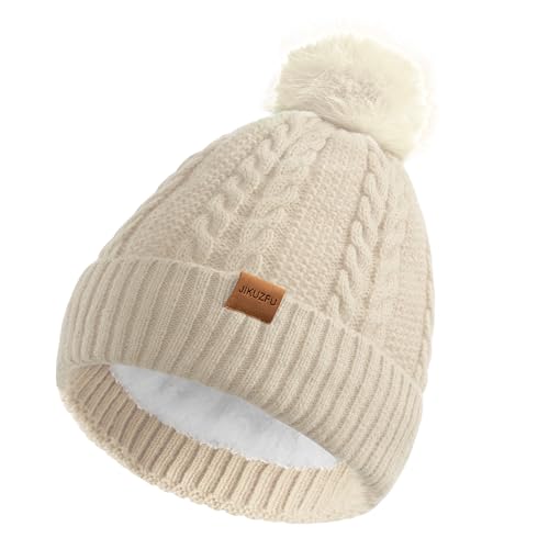 Women's Winter Fleece Beanie Hat, Warm Soft Wool Lined Knit Cross Cap with Pom Pom Snow
