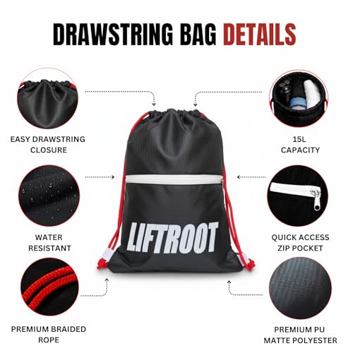 Image of Drawstring Bag for Men & Women, Water-Resistant Polyester PU Matte Sports Drawstring Rope Bag with Zip Pocket | Lightweight Gym, Workout, Travel Sack Bag 15L