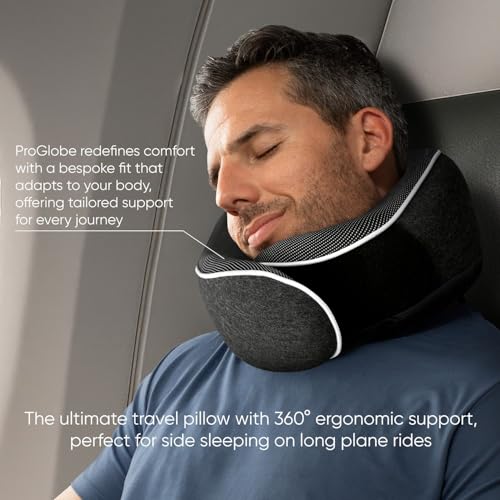 Image of Proglobe Travel Neck Pillow 100% Memory Foam - Airplane & Car Travel Essentials Kit with 3D Eye Mask, Earplugs & Mesh Bag - Sleeping Support Pillow for Adults (Dark Grey)